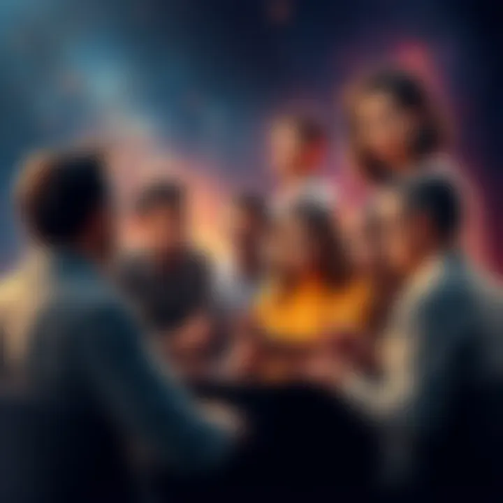 A group of people debating about beliefs in parallel universes, some look curious while others seem skeptical, with a cosmic background of stars and galaxies