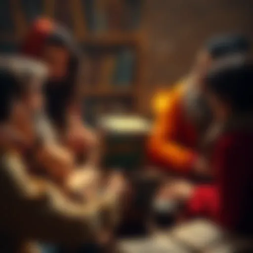 A group of people engaged in a lively discussion about Neoplatonism and Hermeticism, surrounded by books and notes.