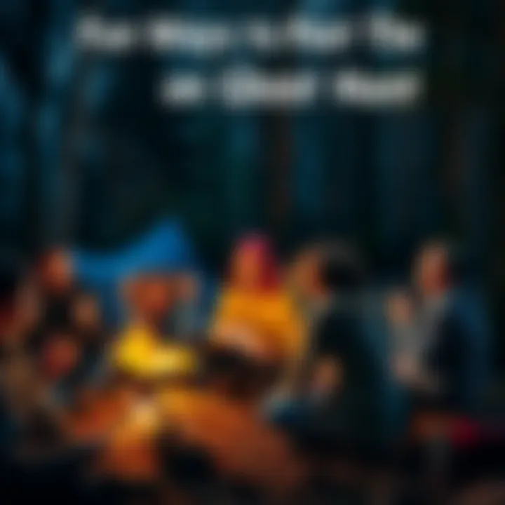 Group of friends on a ghost hunt A group of people gathered around a campfire telling ghost stories during a ghost hunt