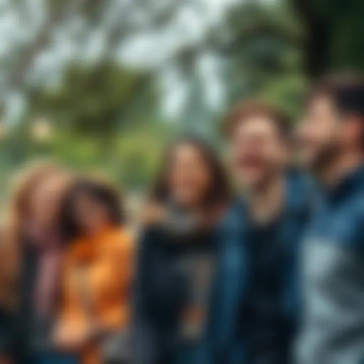 A group of friends laughing together at a park, enjoying each other's company and sharing a light moment.