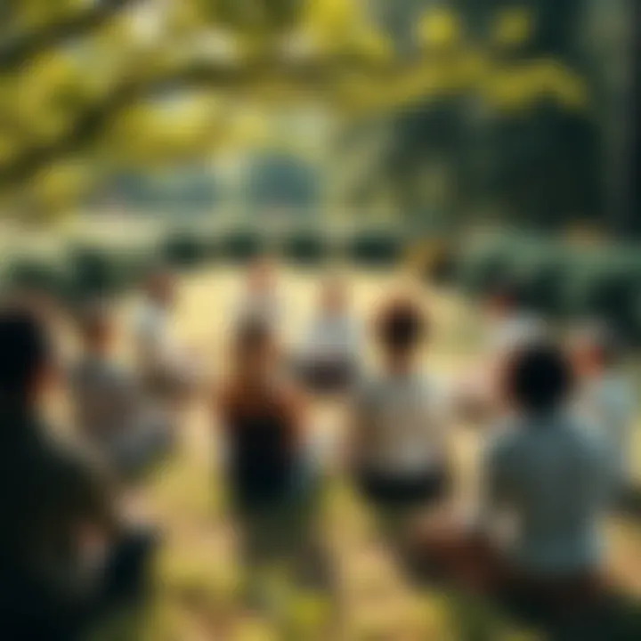A diverse group of people sitting in a circle, meditating together in a serene outdoor setting surrounded by trees and greenery.