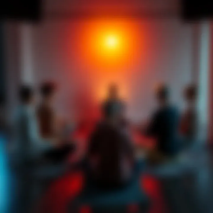 A diverse group of people sitting together in a circle meditating, promoting unity and mindfulness within the community.