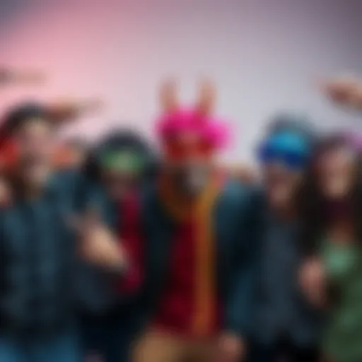 A diverse group of individuals proudly identifying as dorks, laughing and engaging with creative props, showcasing their unique culture and shared interests.