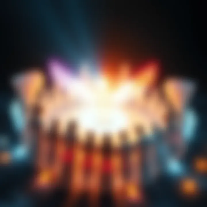 A diverse group of light beings gathered in a circle, radiating energy and support, symbolizing unity and healing.