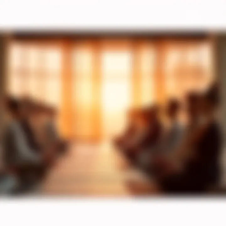 A diverse group of people sitting together in meditation within a peaceful setting, representing a supportive community.