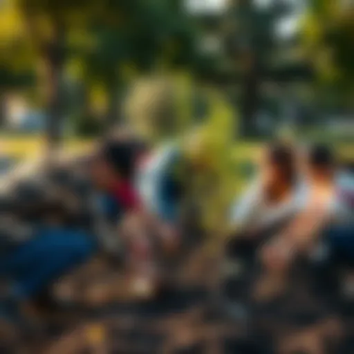 A diverse group of people working together to plant young trees in a park, symbolizing collective action against climate change.