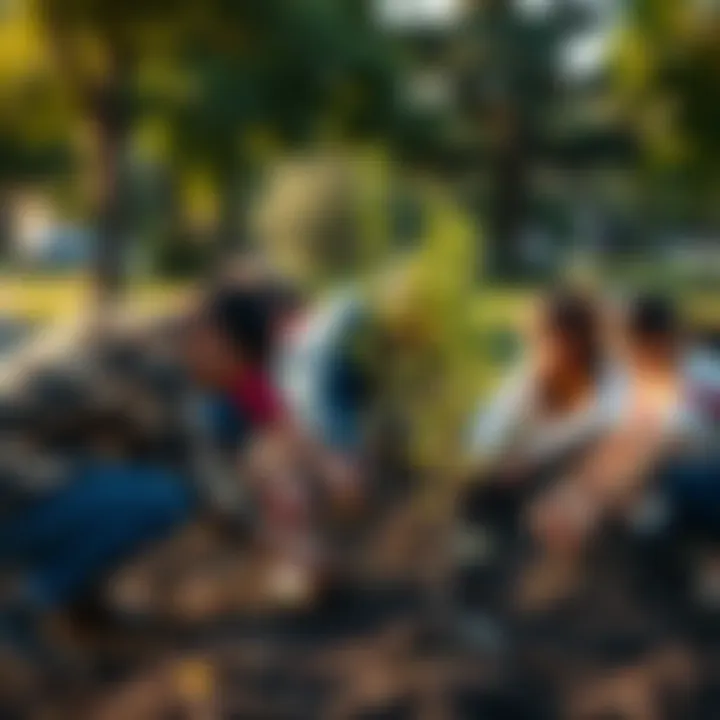 A diverse group of people working together to plant young trees in a park, symbolizing collective action against climate change.