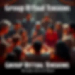 A group of community members in a circle during a ritual, showing varied expressions of surprise and concern as the high priestess speaks sternly.