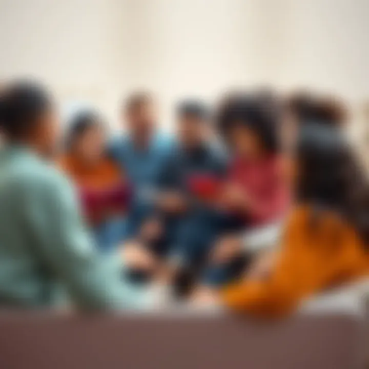 Group of people sharing stories A diverse group of individuals sitting in a circle, sharing inspiring stories and smiles, representing hope and resilience