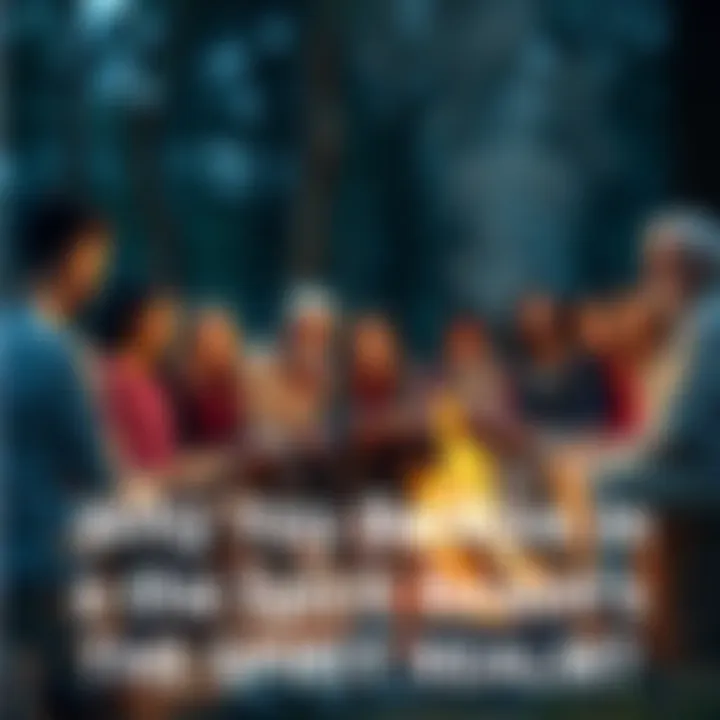 A group of diverse people sitting around a fire, sharing personal stories about their experiences with the spirit realm, creating a warm and inviting atmosphere.