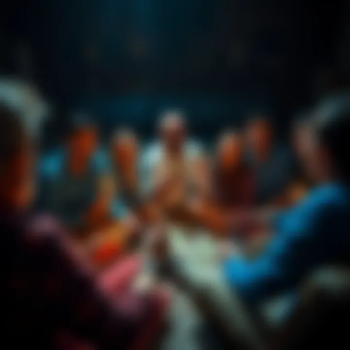 Group Card Reading Session A group of people sitting in a circle, each holding a tarot card, engaged in a collective reading experience.