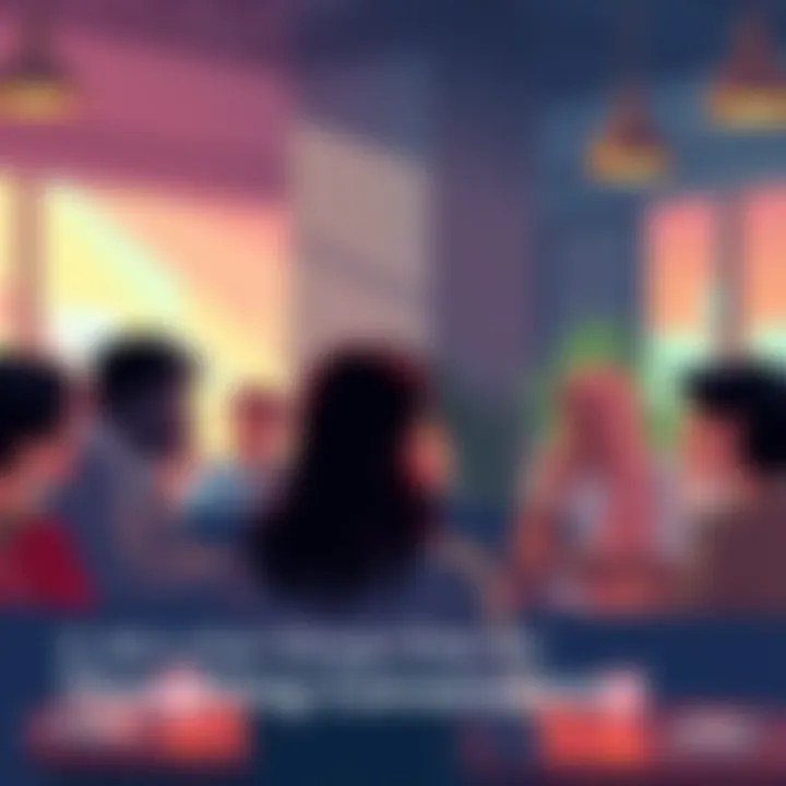 A vibrant illustration of diverse people engaging in dynamic conversations