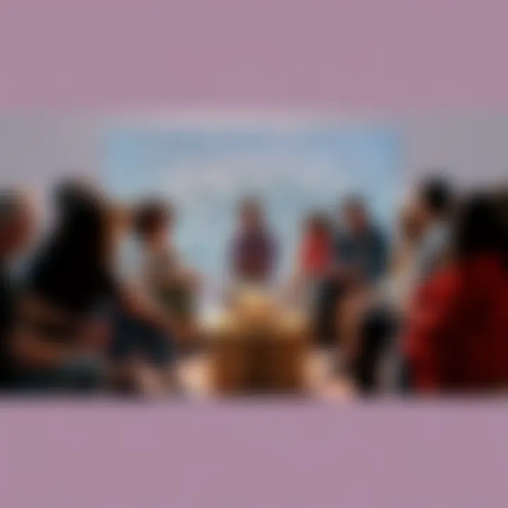 Group discussion on life's purpose A diverse group of people sitting in a circle, sharing their thoughts about life's purpose and personal breakthroughs.