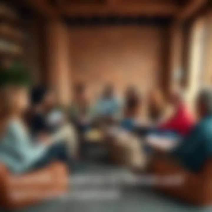 A diverse group of people sitting in a circle, engaged in a discussion about spirituality and mediums, with books and notes spread out.