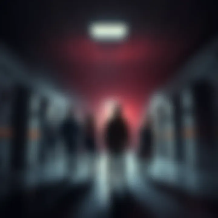 A group of friends inside a dark, old hospital with shadowy figures in the background and strange noises around them.