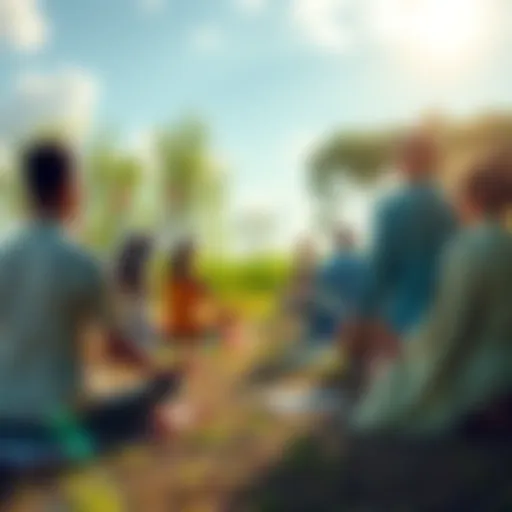 A diverse group of people meditating together outdoors, surrounded by nature, symbolizing peace and spirituality.