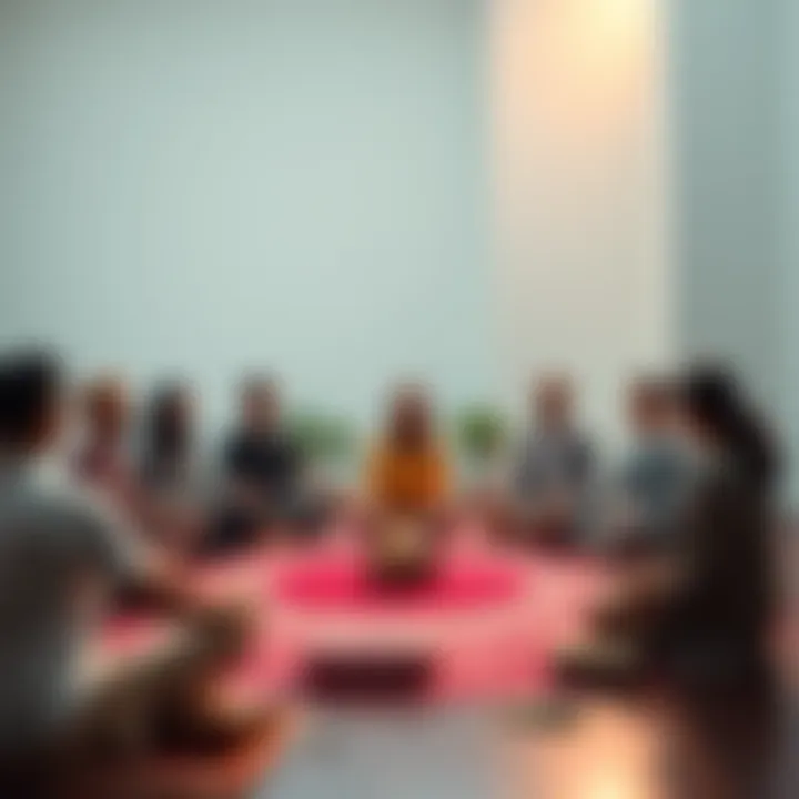 People sitting in a circle, practicing mindfulness meditation with calm expressions