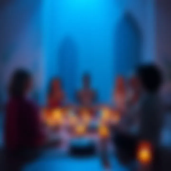 A diverse group of people sitting in a circle during a meditation session, surrounded by candles and soft light, symbolizing spiritual growth and community