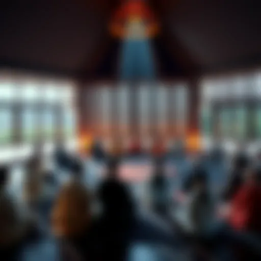 People sitting in a circle, practicing meditation in a serene environment, showcasing community engagement in modern Buddhism.