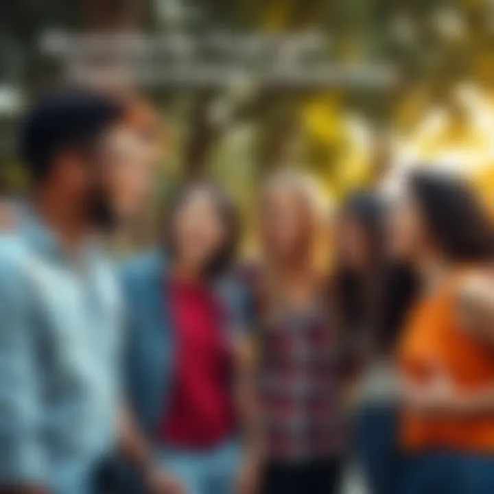 A diverse group of friends smiling and connecting outdoors, radiating positive energy and joy, illustrating genuine relationships.