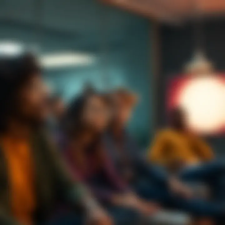 Group of people looking concerned A diverse group of people sitting together, sharing their feelings of dissatisfaction in work and relationships, showing a sense of community during tough times.
