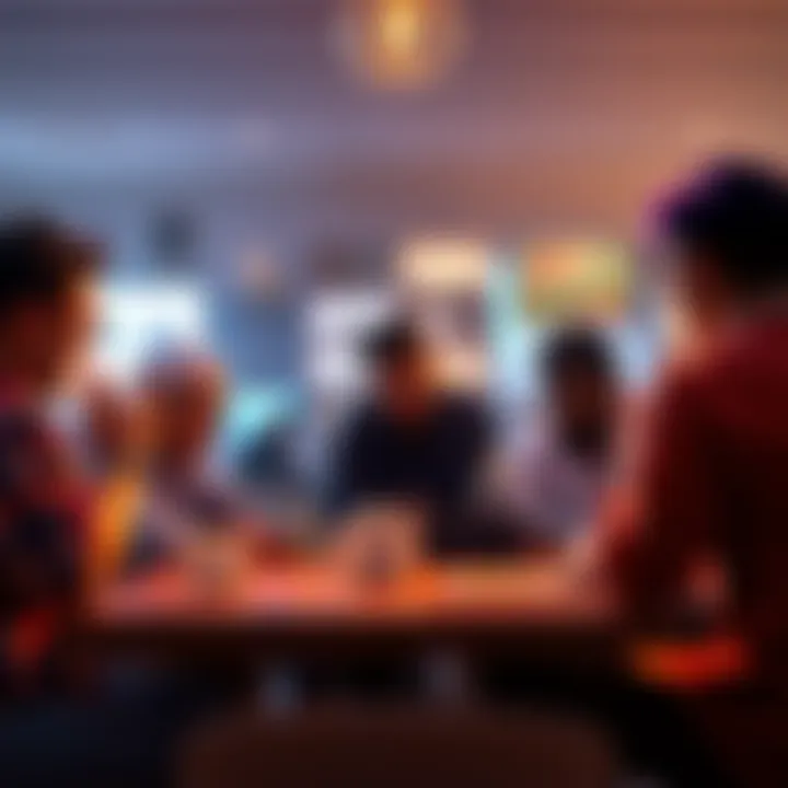 A group of people gathered around a table, engaged in a lively discussion about their memories of popular culture and brands.