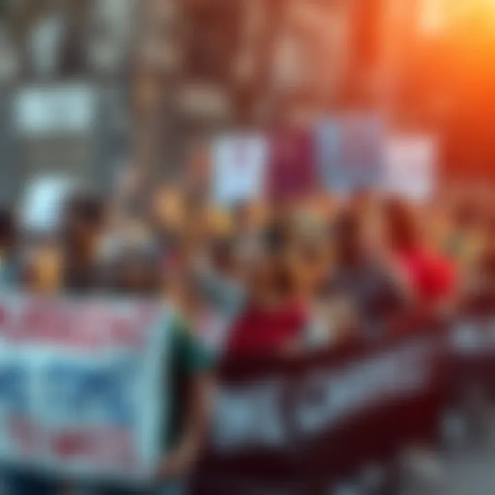 A diverse group of people holding signs and banners, passionately expressing their call for urgent action on social and environmental issues
