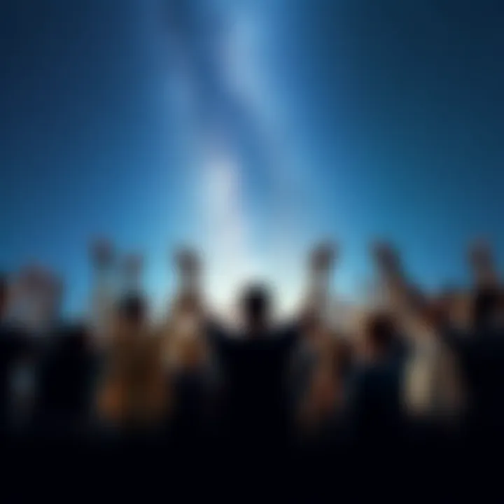 A diverse group of 72,000 people standing together, looking up at a starry sky while raising their arms in unity, symbolizing a collective effort to send a message to the universe.