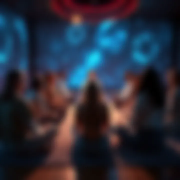 People sitting in a circle during a Past Life Regression session, focusing and meditating together.