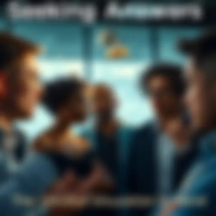 A diverse group of people engaged in a conversation, with curious expressions, pondering over an ambiguous situation.
