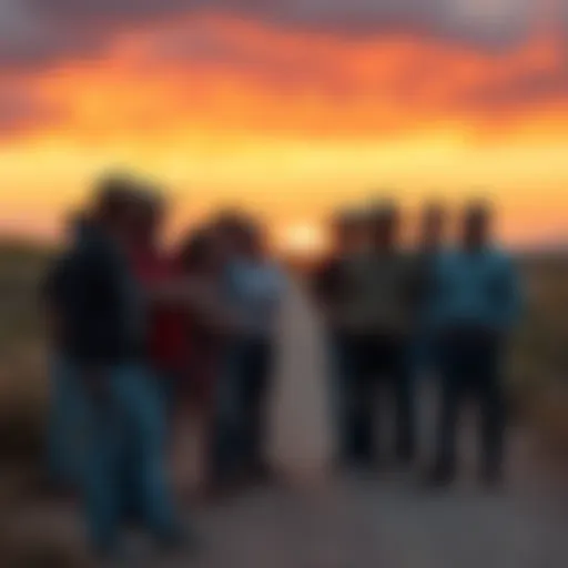 A group of individuals gathered in a Texas area, looking around as if planning something.