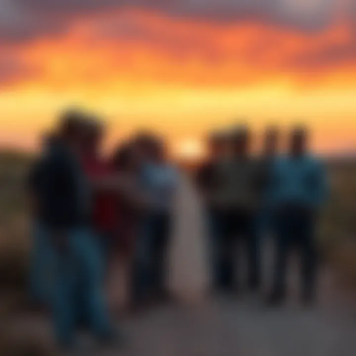 A group of individuals gathered in a Texas area, looking around as if planning something.