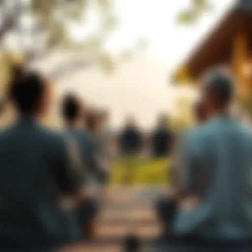 A small group of people seated in meditation, practicing zazen in a serene outdoor setting, surrounded by nature.