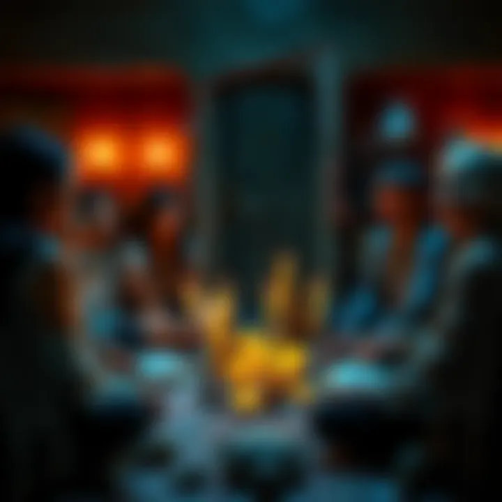 A group of people sitting together with candles and crystals, engaged in a collective reading led by Magalí, a South American spellcaster, focusing on financial blessings