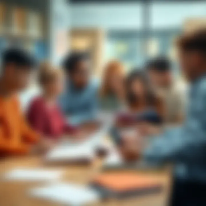 A diverse group of people sitting around a table, helping each other with reading comprehension and discussing texts.