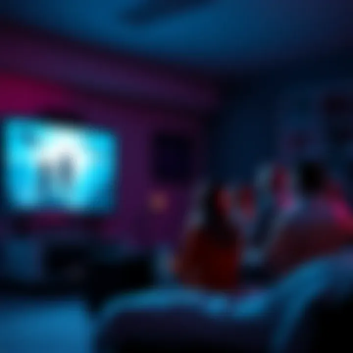 A group of people gathered around a TV watching a documentary about UFOs and alien sightings.
