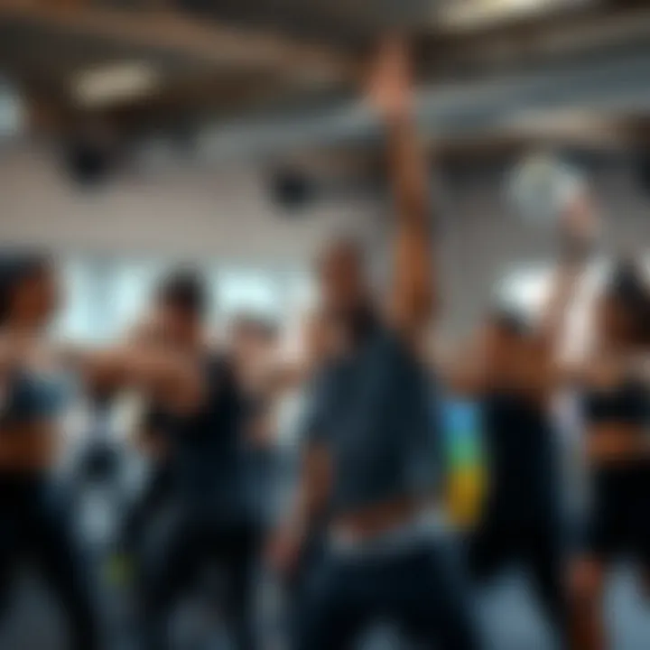 A diverse group of people participating in a fitness class, engaging with the My Fit Tuff program, with an instructor leading them through exercises.