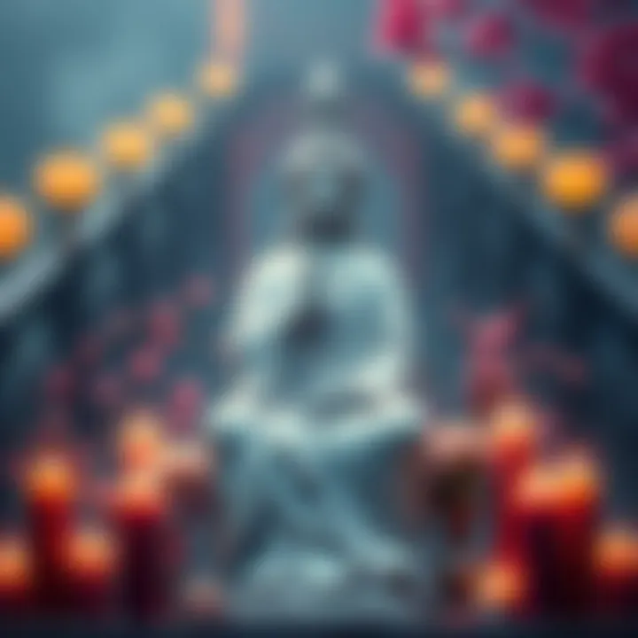 A serene statue of Guan Yin, the deity of compassion, surrounded by candles and flowers, symbolizing healing and protection.