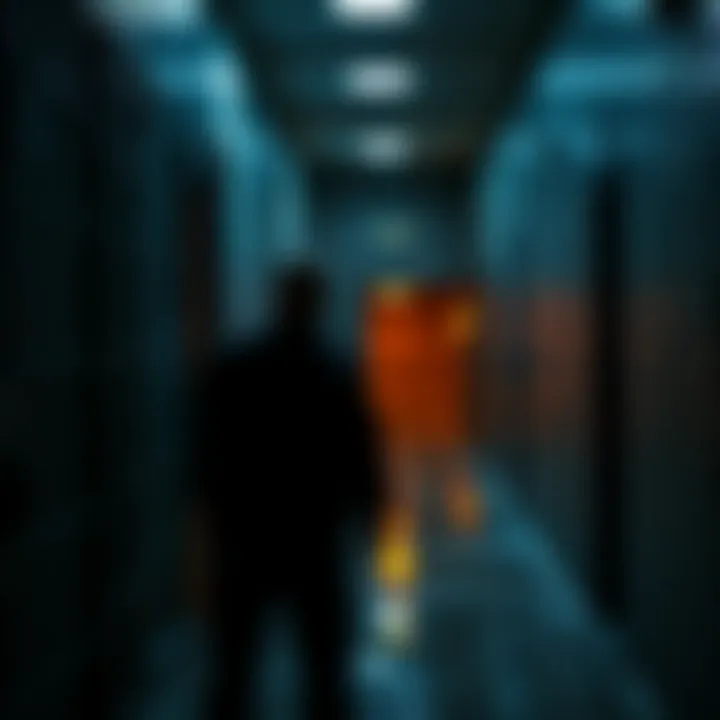 A guard stands outside a prison cell, hinting at possible cover-up regarding Epstein's death, with shadows and a dimly lit corridor in the background.