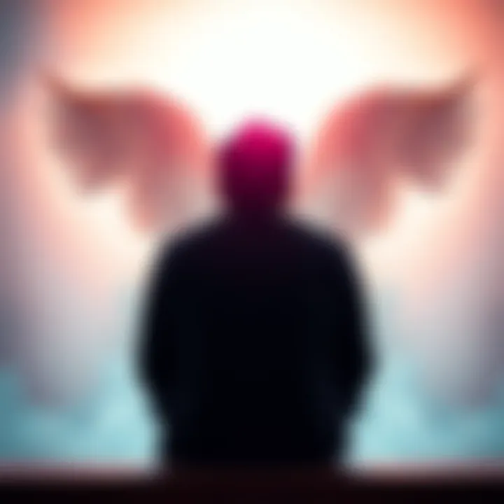 A person sitting alone, looking contemplative with a soft light in the background, representing thoughts about guardian angels.