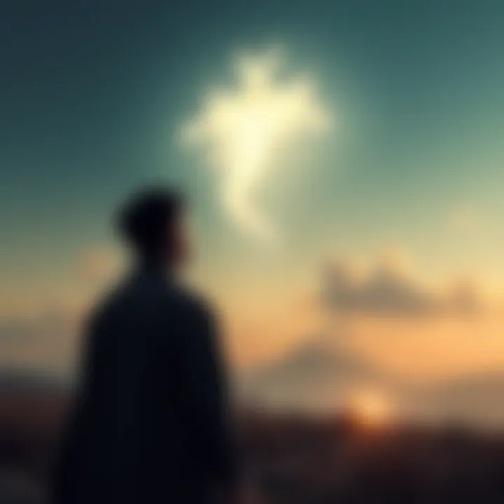 A person stands in a serene landscape, looking upwards as a glowing figure of a Jinn hovers protectively above them, surrounded by soft light.