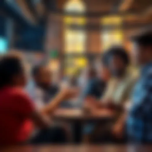 A group of diverse people discussing and guessing a person's name in a lively setting