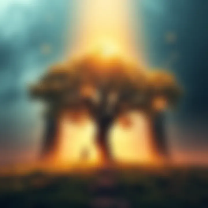 A mystical landscape featuring an ancient tree surrounded by soft glowing orbs, symbolizing guidance from spiritual beings.