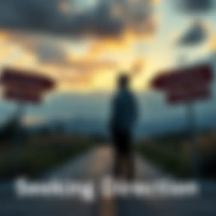 Guidance through Uncertainty A person standing at a crossroads looking thoughtful, with signs pointing in different directions, symbolizing the search for direction amid uncertainty.