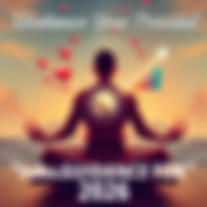 A person meditating with symbols of love, finance, and growth around them, representing transformation and energy guidance for the year 2026.