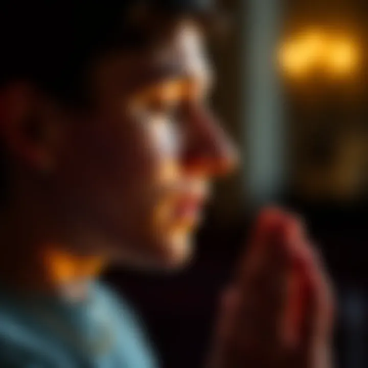 A person praying with a peaceful expression, symbolizing divine guidance and support, with soft light illuminating their face.