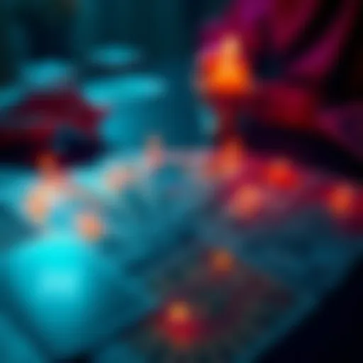 A deck of tarot cards laid out with glowing lights, inviting questions about love and life.