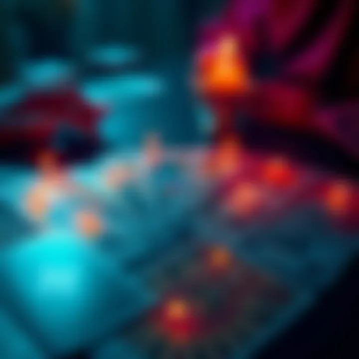 A deck of tarot cards laid out with glowing lights, inviting questions about love and life.