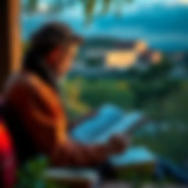 A person reading a book about Hellenism in a quiet space, surrounded by nature, with a notebook and pen beside them.