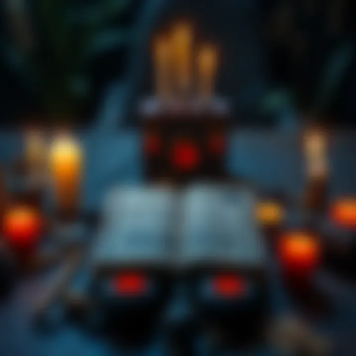 A book on demonology with candles and ritual tools spread out on a table, showcasing the practice of working with demons.